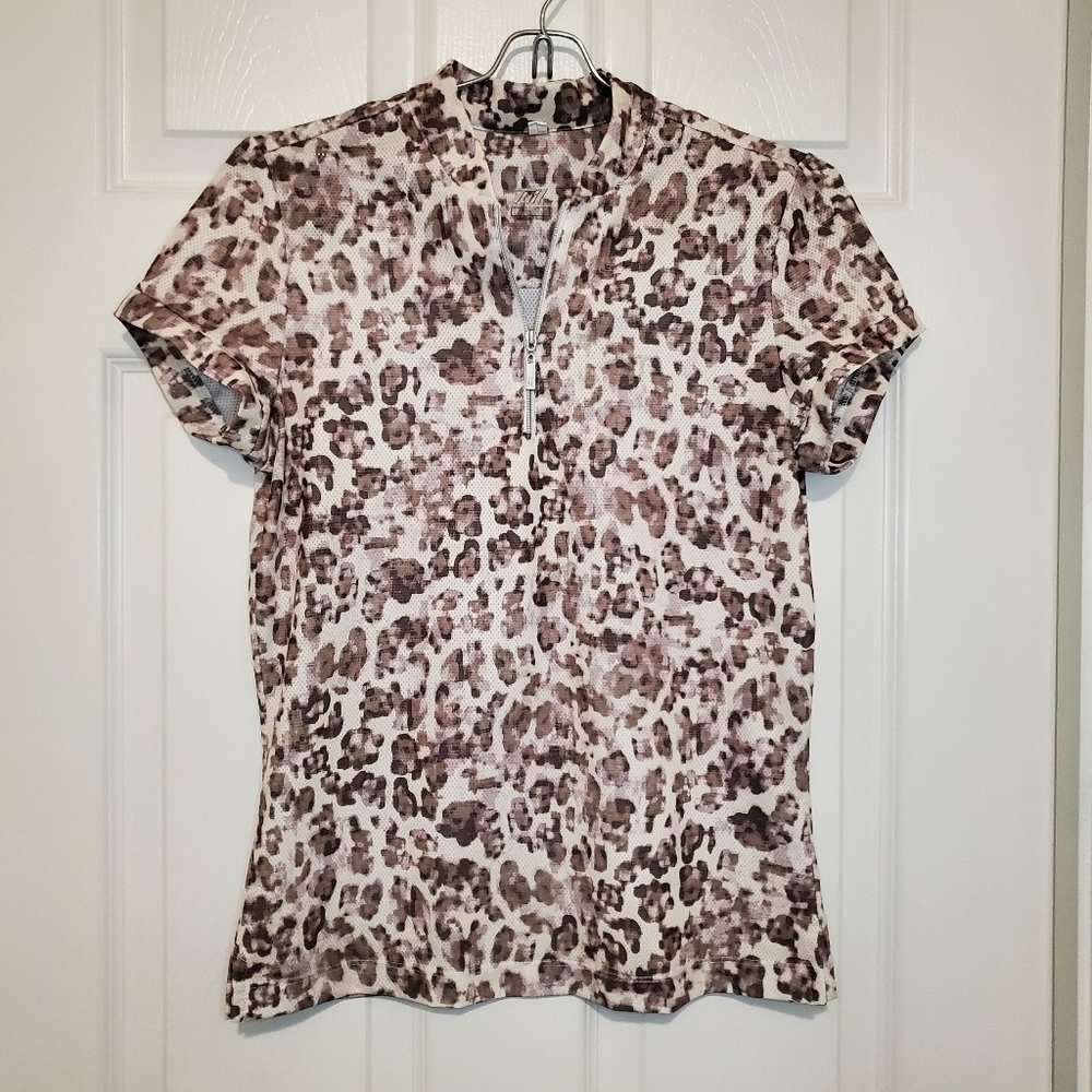 Tail Women Biege Brown Short Sleeve Leopard Quarter Zip Polyester Top Sz XS